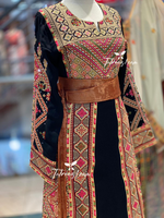 Load image into Gallery viewer, Black Color/ Gold Embroidered Palestinian Fellahi Thobe With Kashmir belt
