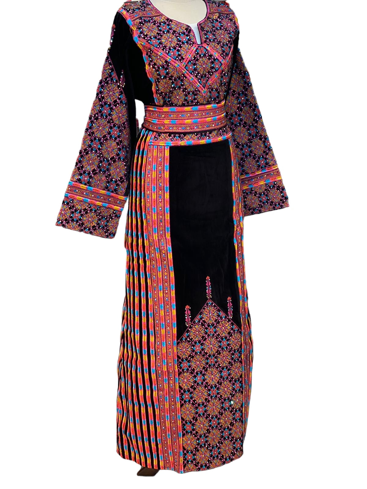 Black Exellent Velvet Tradtional  Stoned Colored Embroidered Palestinian Fellahi Thobe