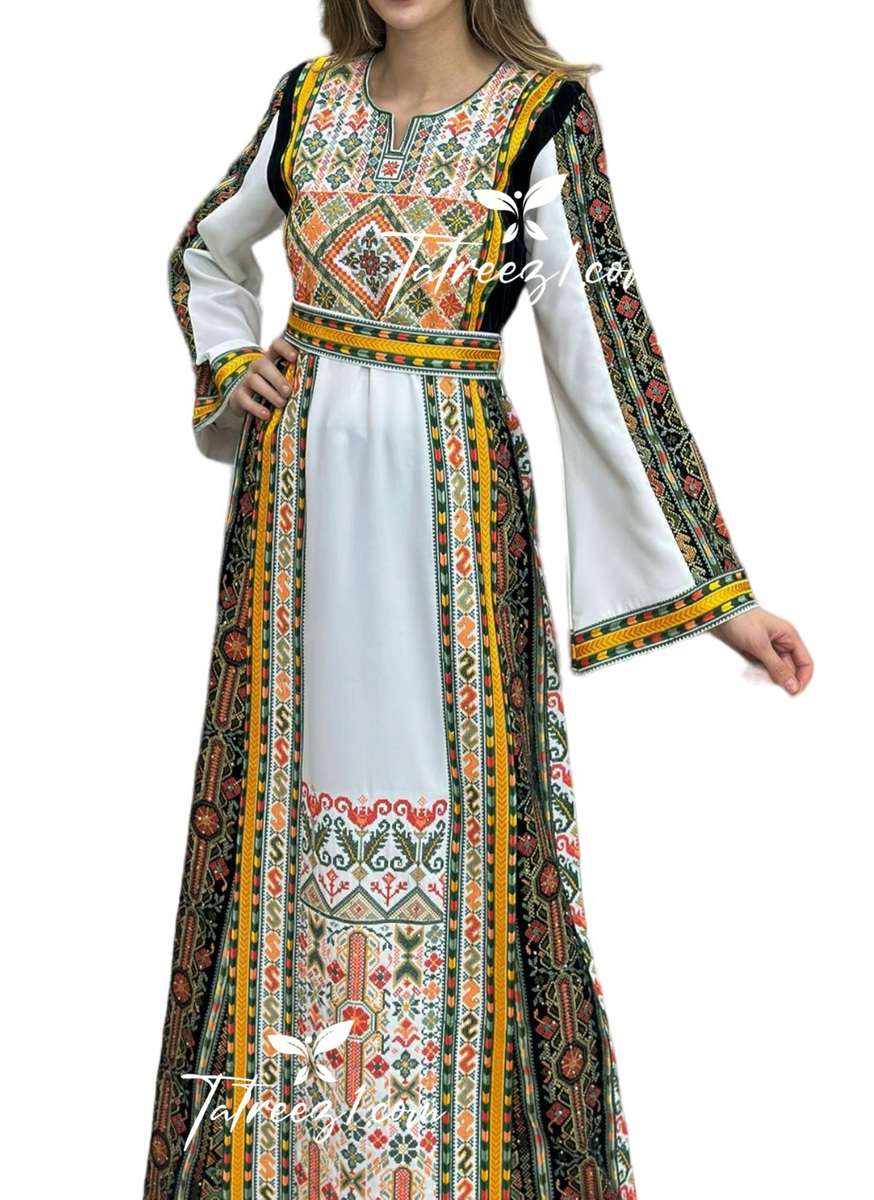 White Shade Stone Green MultiColored Embroidery Dress Tatreez1 White Shade Stone Green MultiColored Embroidery Dress Tatreez1