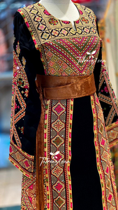Black Color/ Gold Embroidered Palestinian Fellahi Thobe With Kashmir belt
