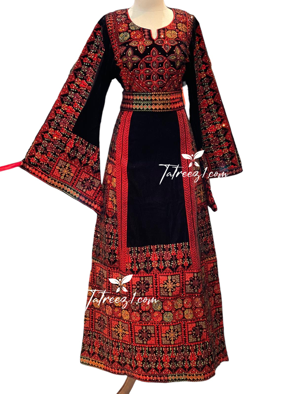 Red& Black Velvet Tradtional  Stoned Colored Embroidered Palestinian Fellahi Thobe