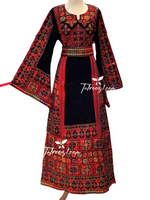 Load image into Gallery viewer, Red&amp; Black Velvet Tradtional  Stoned Colored Embroidered Palestinian Fellahi Thobe

