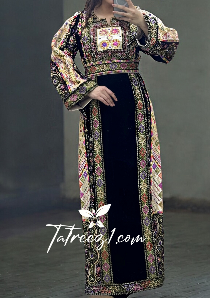 Black Silk Velvet Malacca Stoned Embroidered Palestinian Fellahi Thobe ...