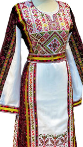 White Thoub Colored Embroidered Palestinian Fellahi Thobe