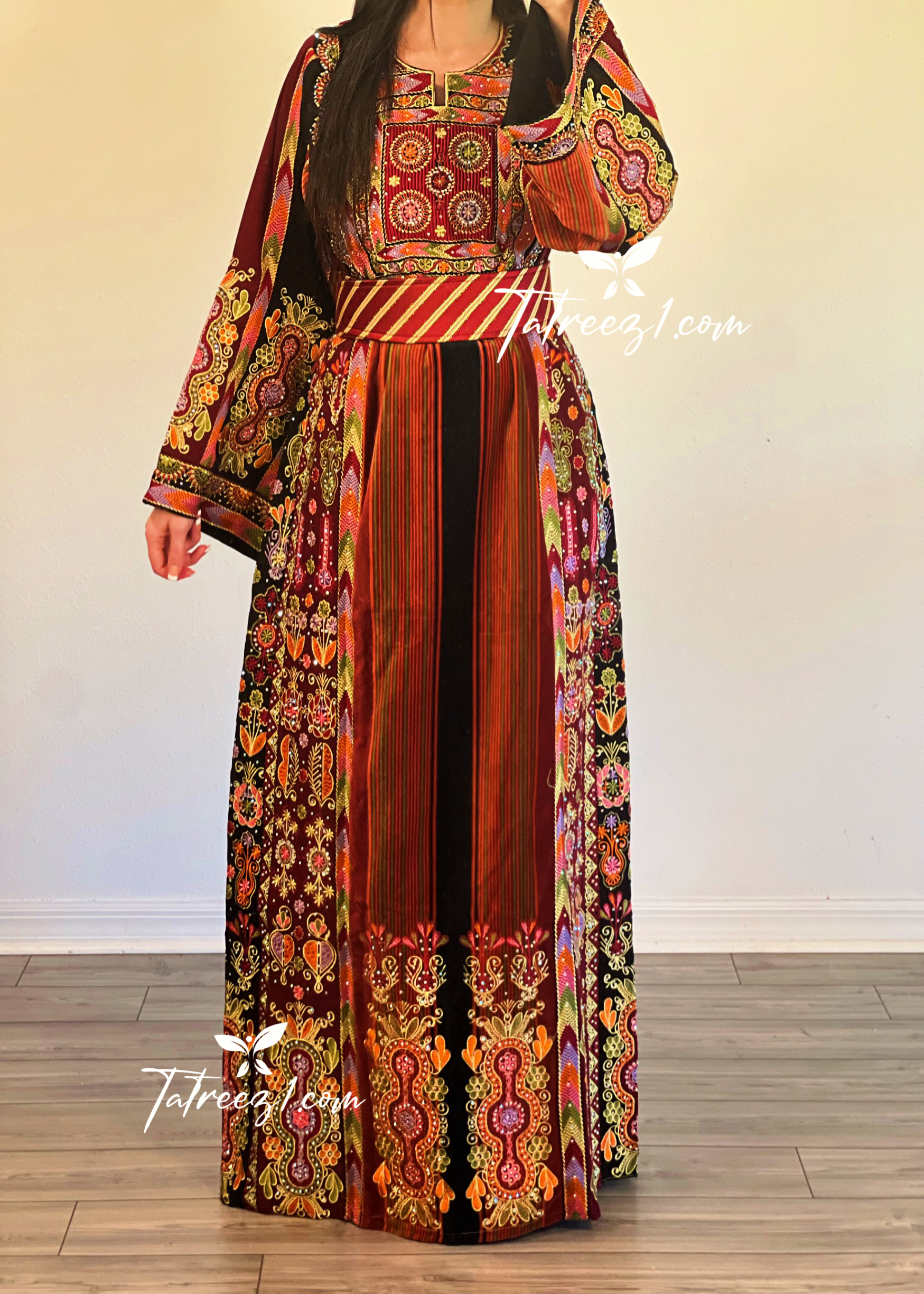 Malacca Black Silk Velvet  Traditional Mutlicolord Embroidery Palestinian Fellahi Thobe