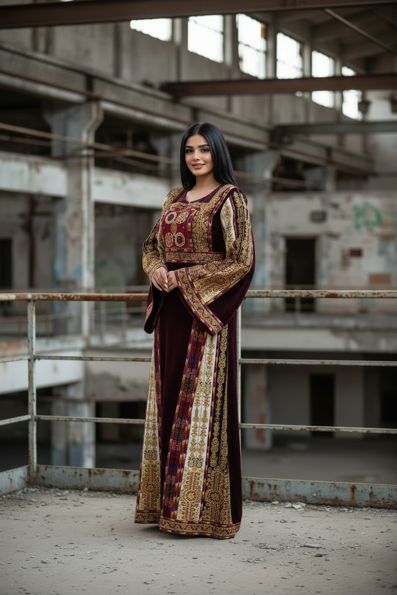 Qasab Maroon Malacca Silk German Velvet Thoub with Embroidery