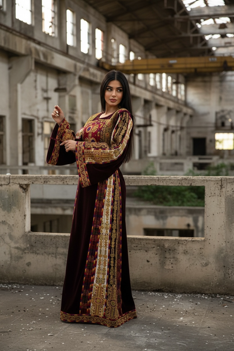 Qasab Maroon Malacca Silk German Velvet Thoub with Embroidery