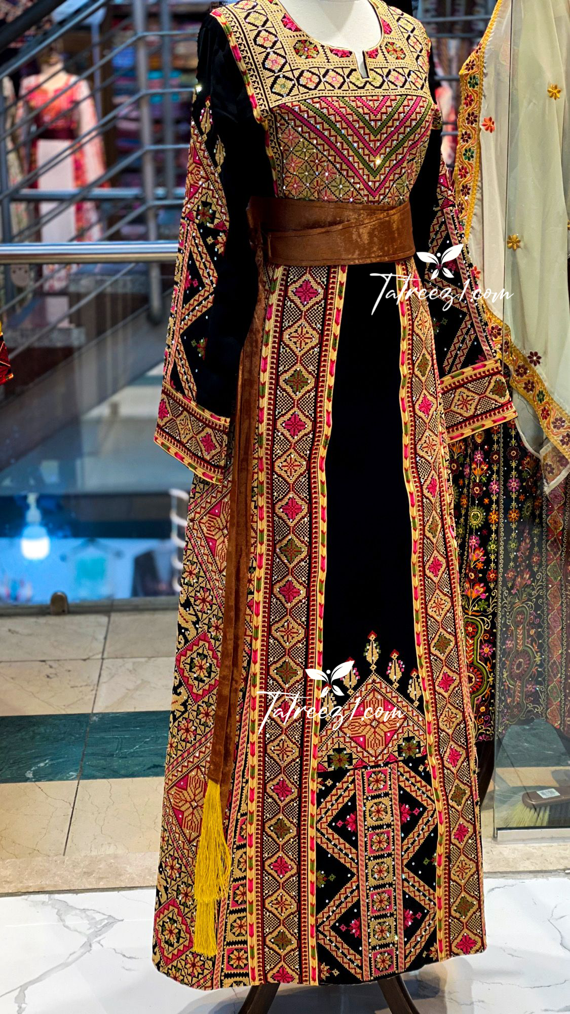 Black Color/ Gold Embroidered Palestinian Fellahi Thobe With Kashmir belt