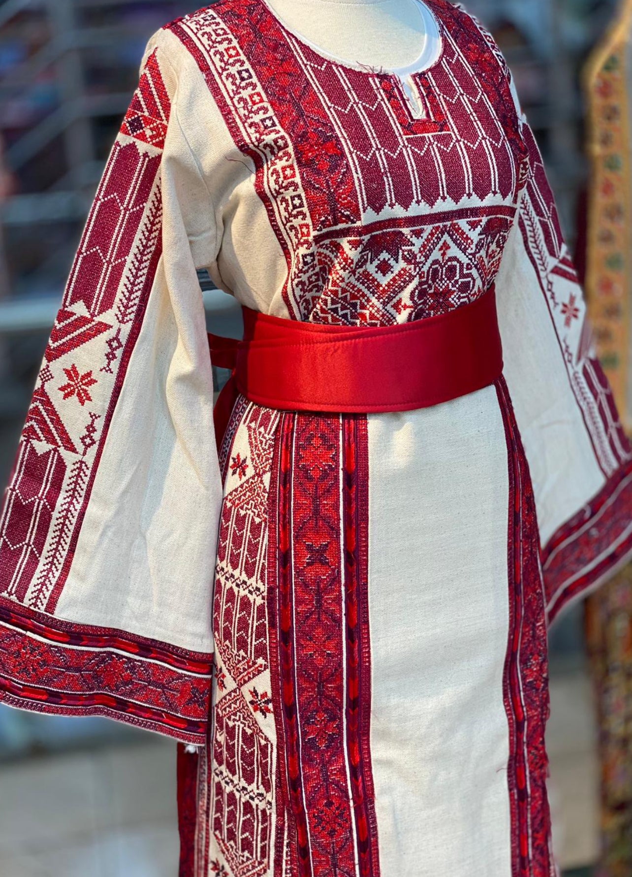 Etameen Beige Shade Traditional Red Embroidered Palestinian Fellahi Thobe