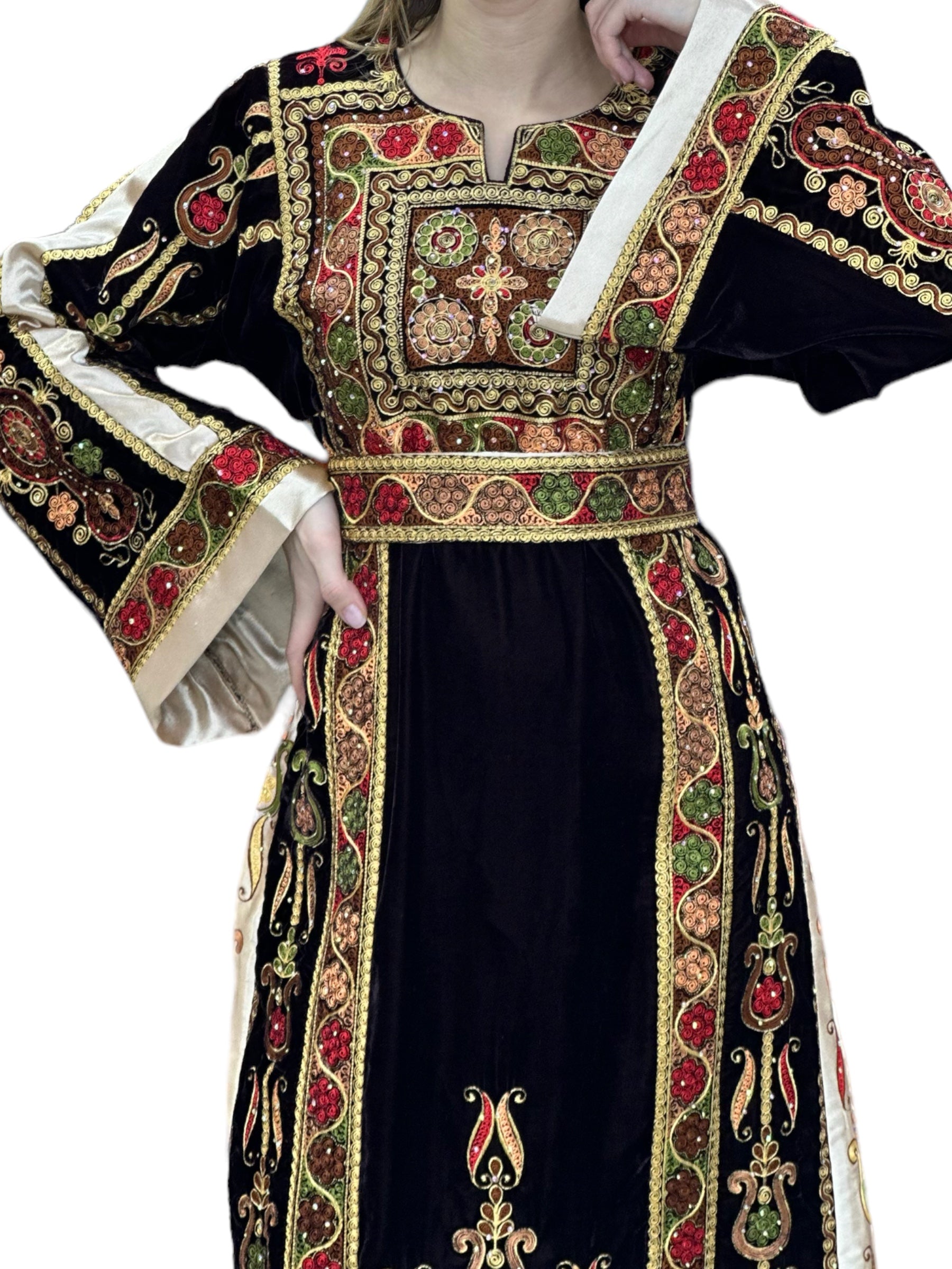 Black Velvet Malacca Embroidered Palestinian Fellahi Thobe