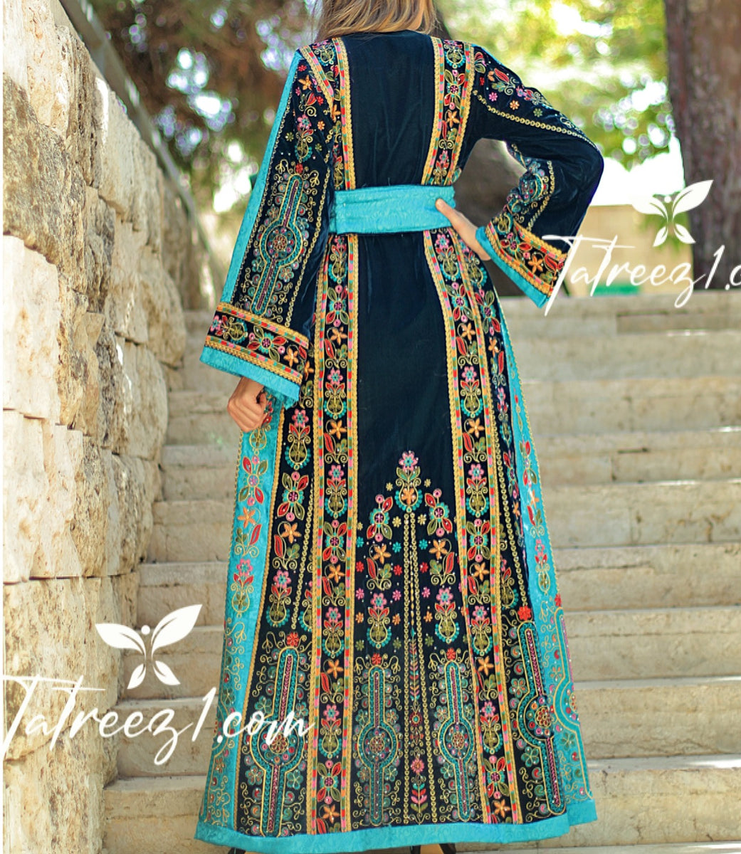 Turquoise Velvet Malacca Embroidered Palestinian Fellahi Thobe
