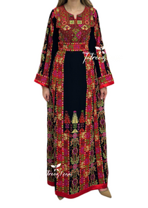 Black/Red Traditional Stoned Embroidered Palestinian Fellahi Thobe