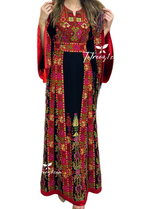 Load image into Gallery viewer, Black/Red Traditional Stoned Embroidered Palestinian Fellahi Thobe
