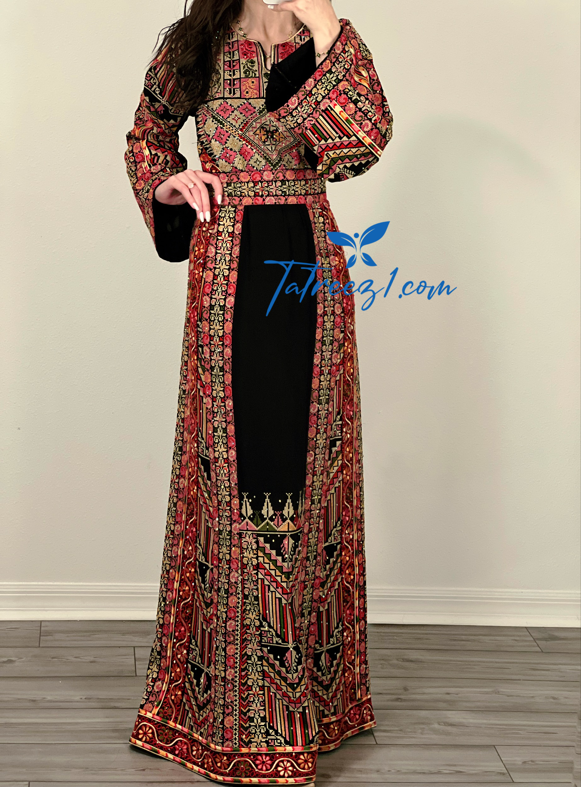 Black Multicolored Gorgeous Palstainen Embroidery Traditional Long Thoub