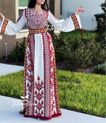 Load image into Gallery viewer, Off white Traditional Thoub Red Embroidery Wide Sleeve Elegant with Reversible Belt
