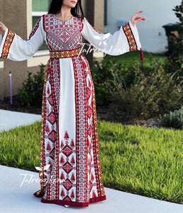 Off white Traditional Thoub Red Embroidery Wide Sleeve Elegant with Reversible Belt