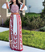 Load image into Gallery viewer, Off white Traditional Thoub Red Embroidery Wide Sleeve Elegant with Reversible Belt
