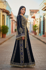 Load image into Gallery viewer, Velvet Simply Elegant Wide Sleeve Thoub Blue Embroidered Palestinian Thobe
