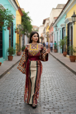 Load image into Gallery viewer, Beige Majdalway Embroidered Palestinian Fellahi Thobe With Matching Headpiece
