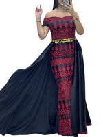 Load image into Gallery viewer, Black /Red Dress Off Shoulder Embroidered long Overskirt
