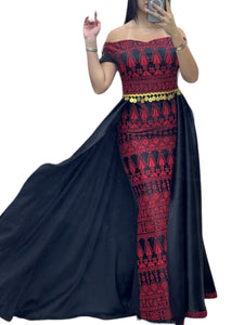 Black /Red Dress Off Shoulder Embroidered long Overskirt