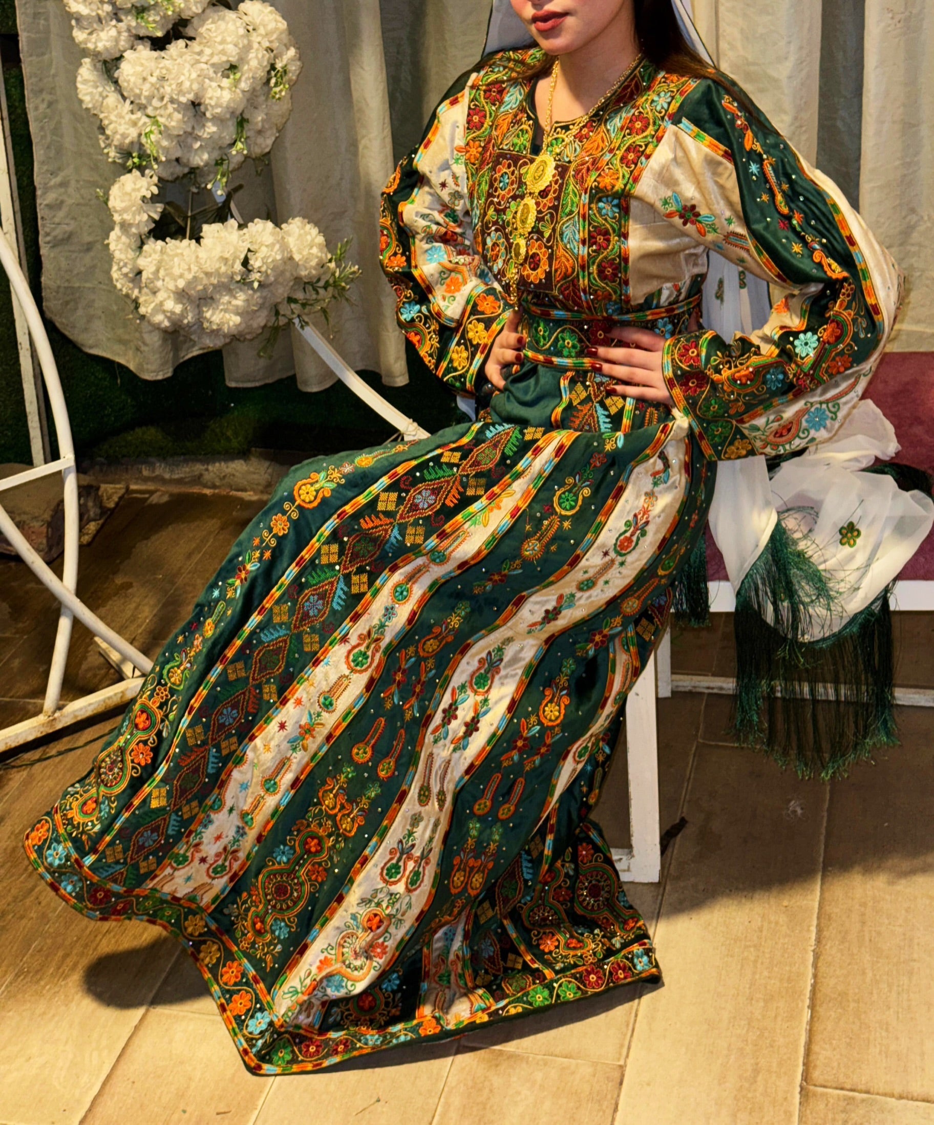 Malacca Velvet Material Green Stone Embroidery Thoub With Matching Headpiece
