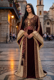 Velvet Embroidery Thoub with Dangling Beads