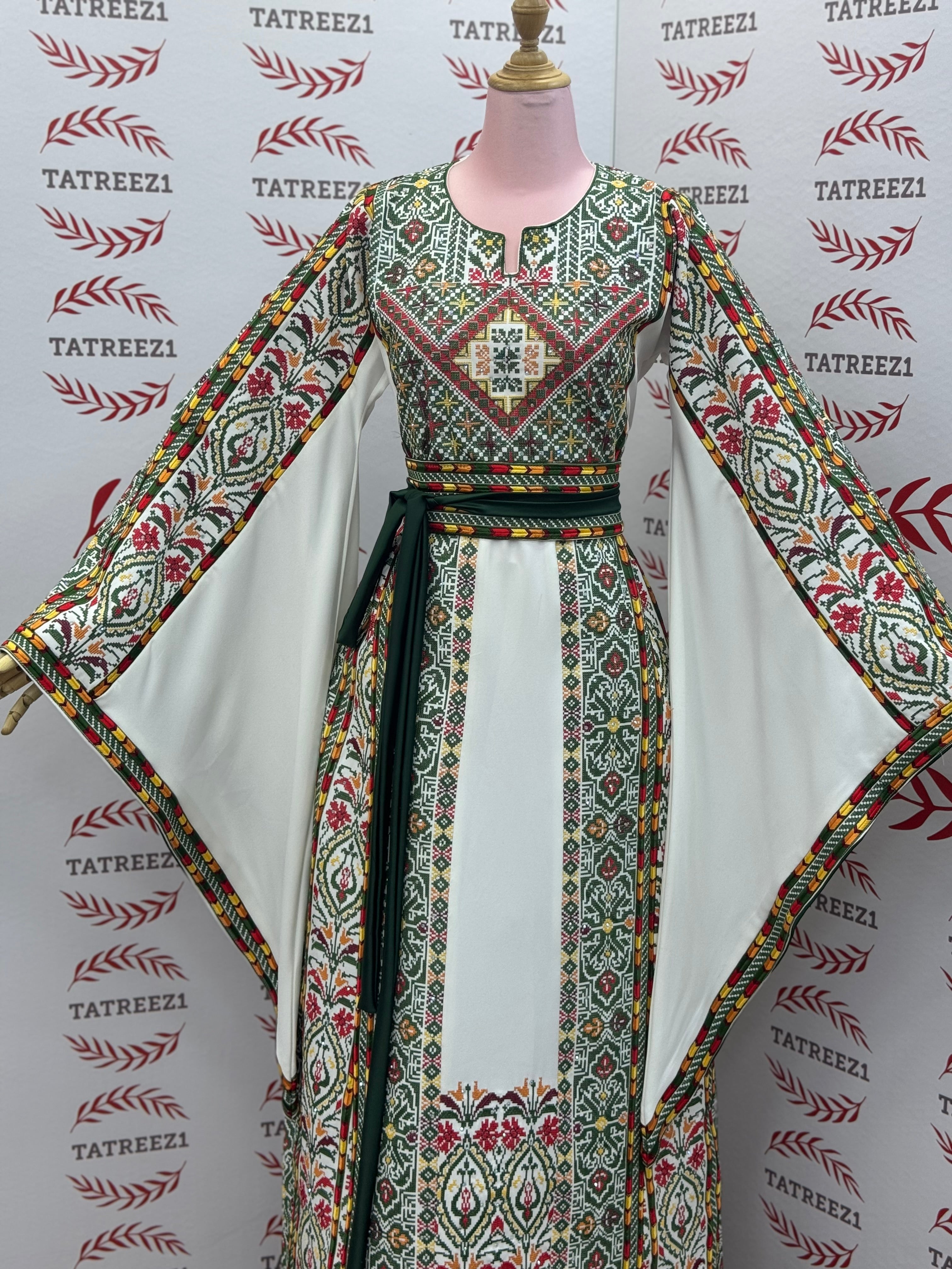 White Traditional Palestinian Thobe – Green Elegance Embroidery