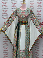 Load image into Gallery viewer, White Traditional Palestinian Thobe – Green Elegance Embroidery
