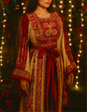 Red Satin Embroidered Palestinian Thobe with Wide Sleeves and Belt