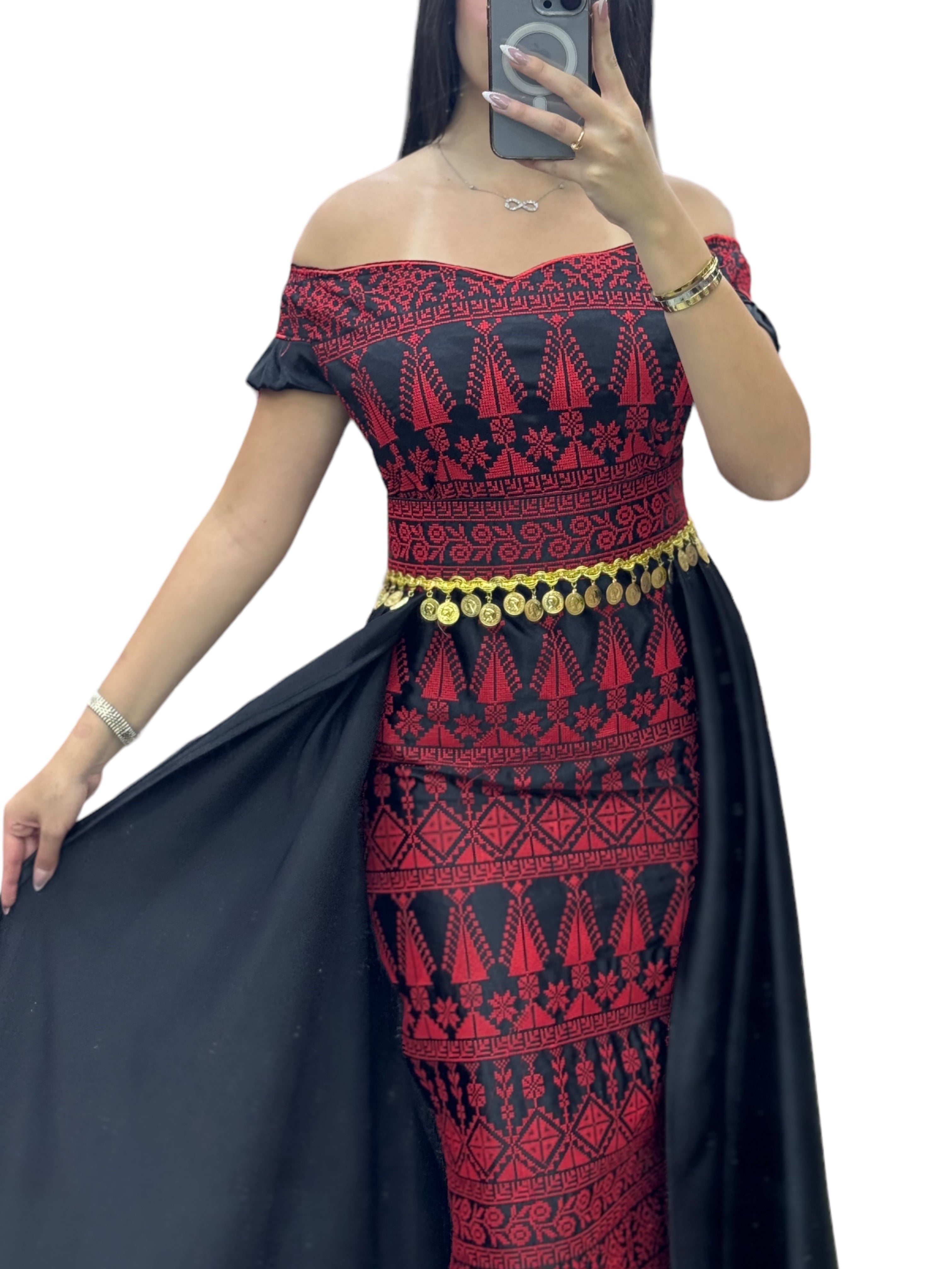 Black /Red Dress Off Shoulder Embroidered long Overskirt