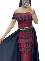 Load image into Gallery viewer, Black /Red Dress Off Shoulder Embroidered long Overskirt
