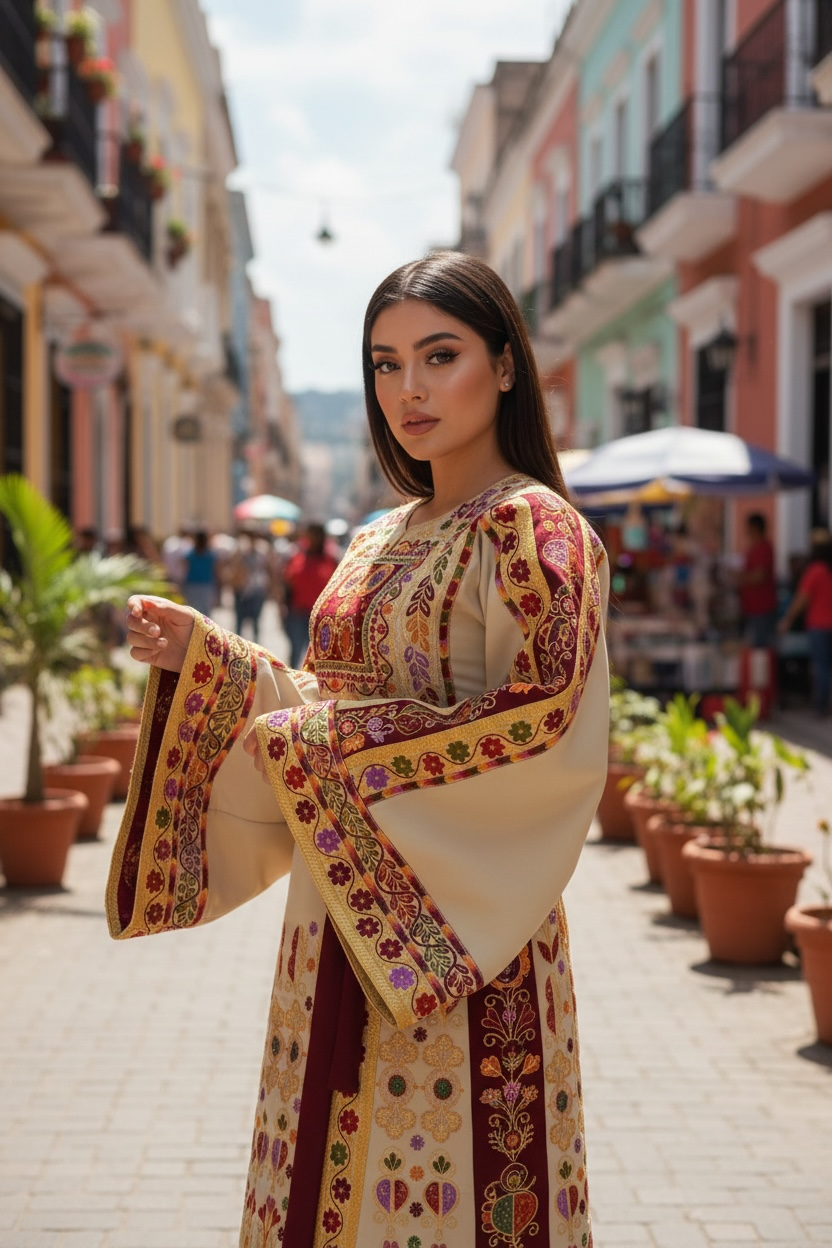 Baharej Thoub Luxury Embellishments Beige Shade Embroidered Palestinian Thobe