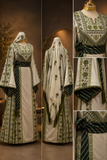 Ivory Green Palestinian Thobe Set Matching Shawl & Double-Sided Belt