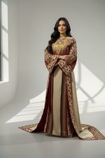 Load image into Gallery viewer, Beige Majdalway Embroidered Palestinian Fellahi Thobe With Matching Headpiece &amp; overskirt
