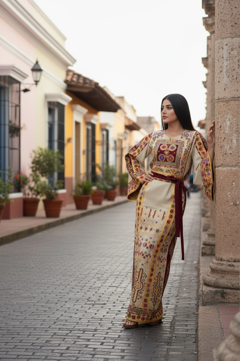 Baharej Thoub Luxury Embellishments Beige Shade Embroidered Palestinian Thobe