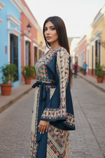Load image into Gallery viewer, Beige Color thoub Blue Embroidered Palestinian Fellahi Thobe With Belt
