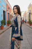 Beige thoub Blue Embroidered Palestinian Fellahi Thobe With Belt