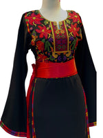 Load image into Gallery viewer, 🌺 Floral Palestinian Thobe – Black with Vibrant Red &amp; Multicolor Embroidery
