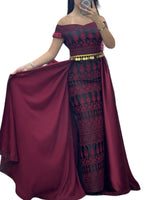 Load image into Gallery viewer, Dark Red Embroidery Dress Off Shoulder  long Overskirt
