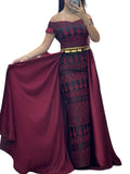 Dark Red Embroidery Dress Off Shoulder  long Overskirt