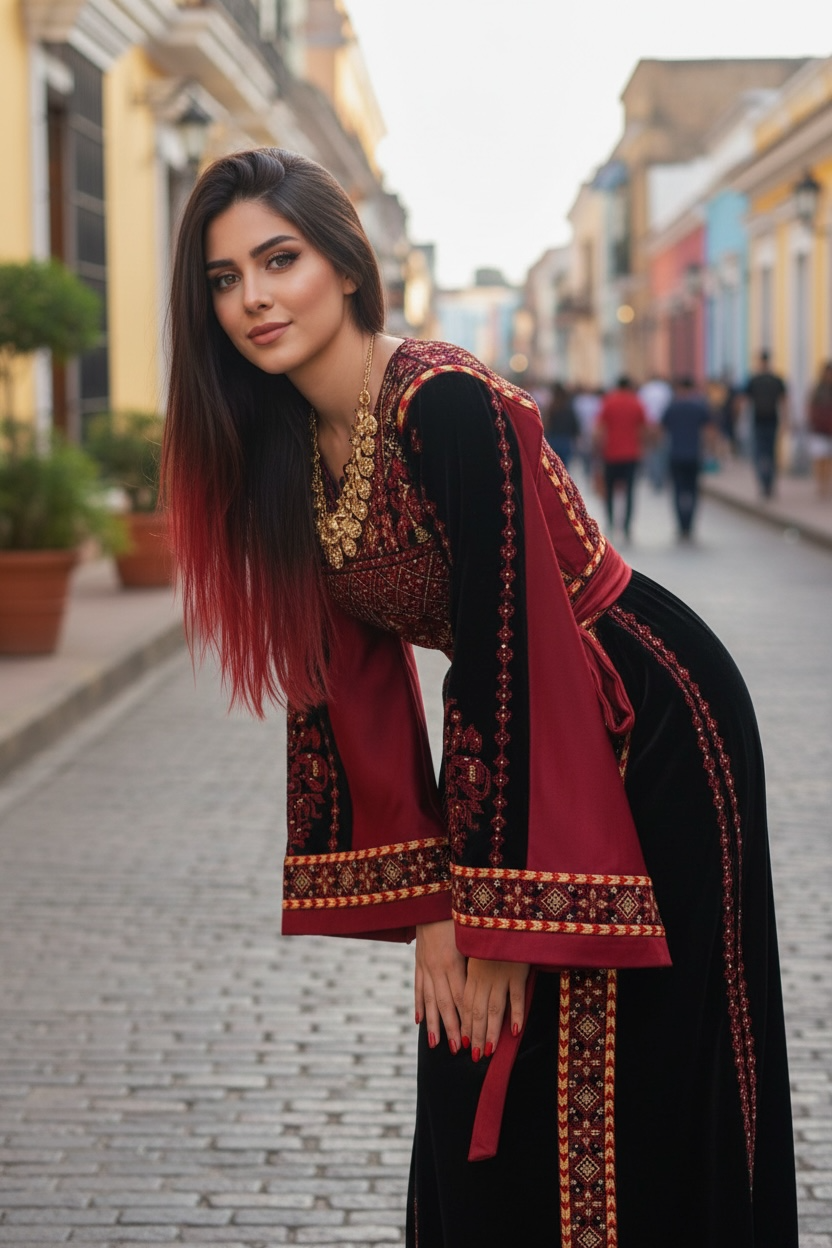 Velvet Simply Elegant Wide Sleeve Thoub Red Embroidered Palestinian Thobe