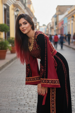 Load image into Gallery viewer, Velvet Simply Elegant Wide Sleeve Thoub Red Embroidered Palestinian Thobe
