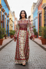 Load image into Gallery viewer, Beige &amp; Maroon Thobe with Geometric Floral Embroidery
