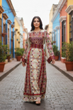 Beige & Maroon Thobe with Geometric Floral Embroidery