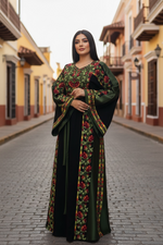 Load image into Gallery viewer, Green Covered in elegant floral Embroidered Palestinian Thobe
