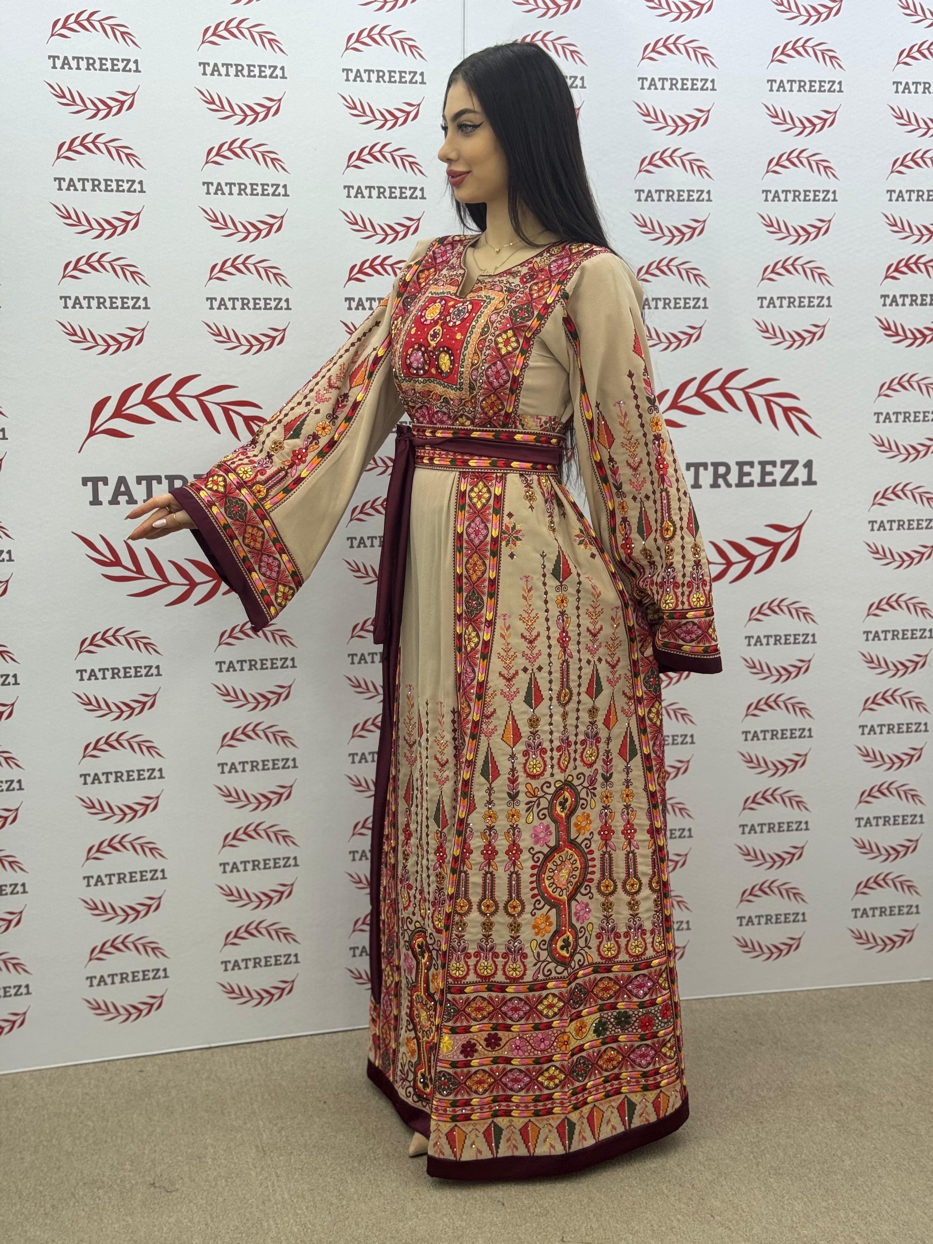 Beige Shade Embroidered Palestinian Thobe With Reversible Belt
