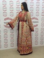 Load image into Gallery viewer, Beige Shade Embroidered Palestinian Thobe With Reversible Belt
