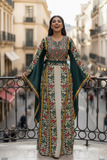 Green Floral Embroidered Palestinian Beige Thobe with Wide Sleeve