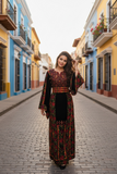 Velvet Midnight Bloomed Elegant  Embroidered Palestinian Thobe